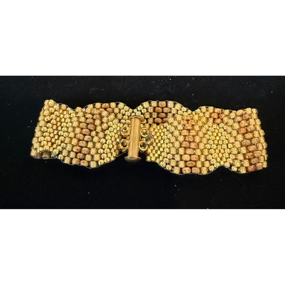 Handmade‎ Womens 7" Beaded Cuff Bracelet Gold Bronze Scalloped Woven Slide Clasp